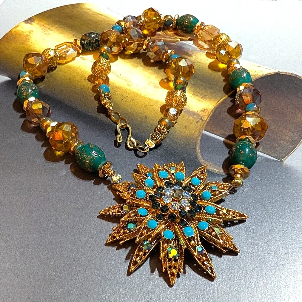 1950s Starburst Crystal, Rhinestone, Glass Beads, Necklace